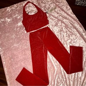 NWT Vtg 70s Disco Sparkling Red Matching Crop Top/Pants Festival Dance Set